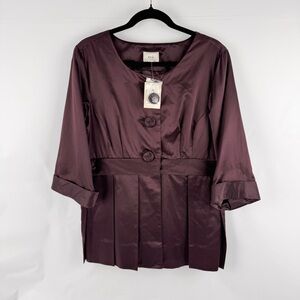 NWT ECI NY Silk Burgundy Peplum Pleated Blouse Top Sz 14 XL
